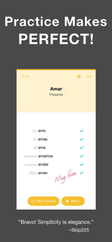 Una captura de pantalla de la app Conjuu mostrando conjugaciones de verbos españoles completadas para Amar en presente con marcas de verificación correctas y una nota de Muy Bien.