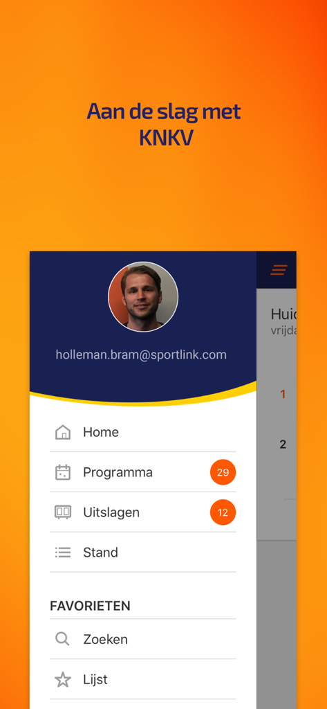 Mobile app interface of KNKV Wedstrijdzaken showing the user profile and navigation menu with match schedules and results