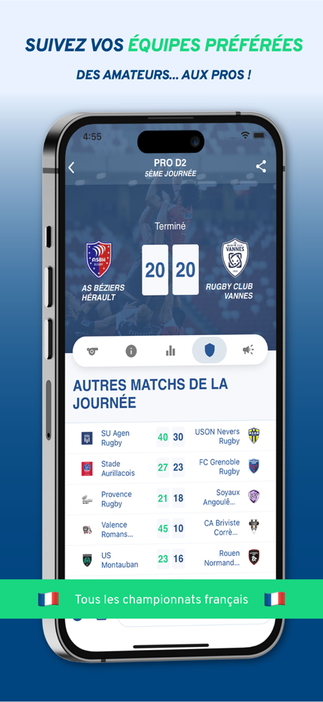 Score'n'co - Sport en direct - Score'n'co app interface showing live rugby scores and results for French leagues.