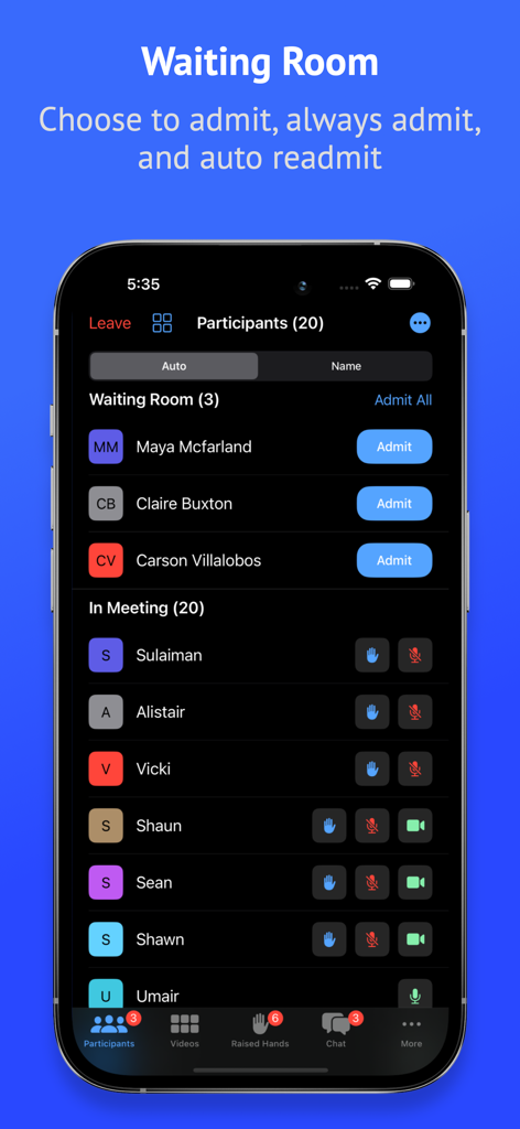 Attendant Pro for Zoom - Interface of Attendant Pro for Zoom showing the waiting room and participant list management on a mobile device.