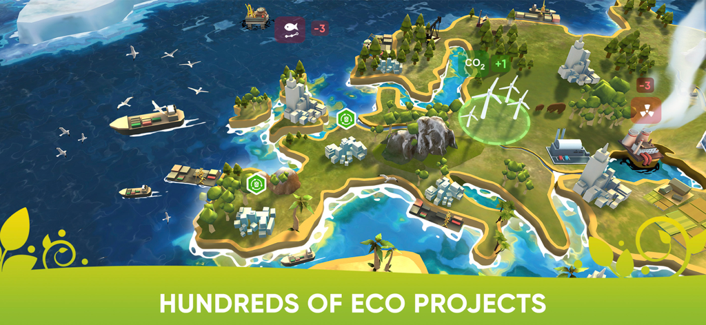 Eco Inc gameplay showing wind turbines and environmental simulation on a world map