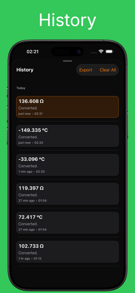 PT100 Calculator - Verlauf des PT100-Rechner-Apps mit einer Liste kürzlicher Temperatur- und Widerstandsumrechnungen