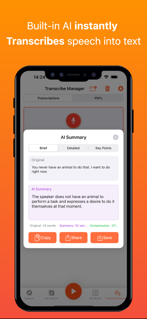 Mudify app interface showing the AI summary feature that transcribes speech to text with options to copy share and save