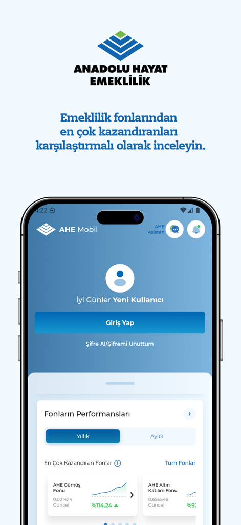 AHE Mobil app login screen showing Turkish retirement fund performance charts