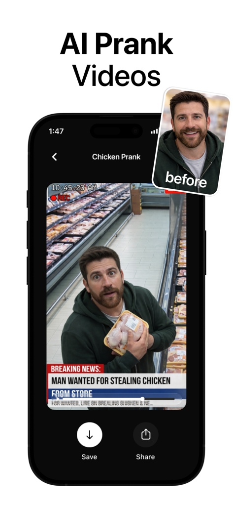 Reelify: AI Video Generation - Captura de pantalla de la aplicación Reelify mostrando una transformación de vídeo de broma con IA donde la foto de un hombre se convierte en un segmento de noticias de última hora sobre el robo de un pollo.