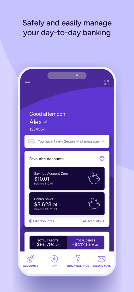 Qudos Bank - Qudos Bank mobile app dashboard displaying account balances and financial summary for a user