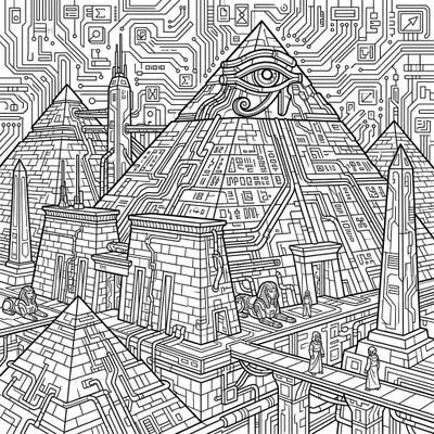 Step into a world where ancient history collides with a high-tech future in this unique Egyptian Ruins Cyberpunk coloring page. Discover monumental pyramids and temples reimagined with intricate wires, neon outlines, and robotic elements, offering an unparalleled coloring experience.