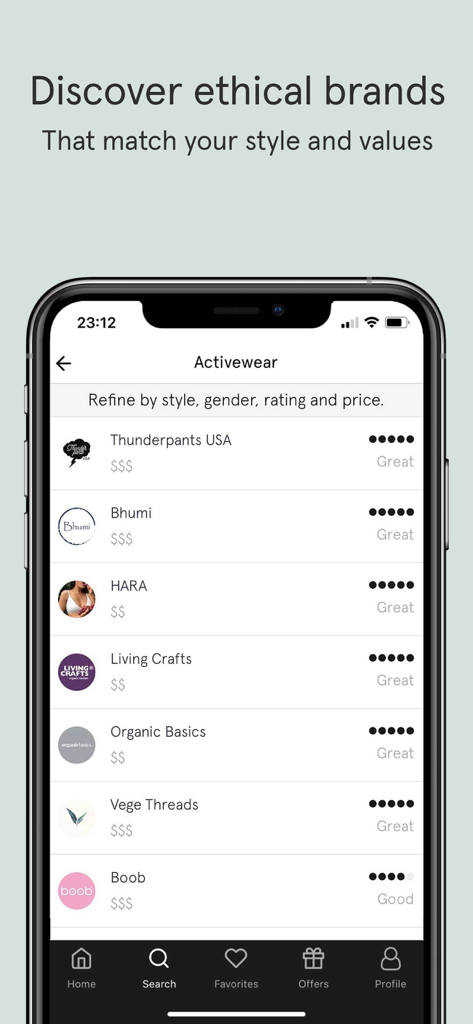 Good On You – Ethical Ratings - Smartphone screen of the Good On You app showing a list of ethical clothing brands and their sustainability ratings.