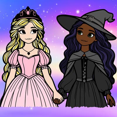 a princess and a witch holding hands realistic