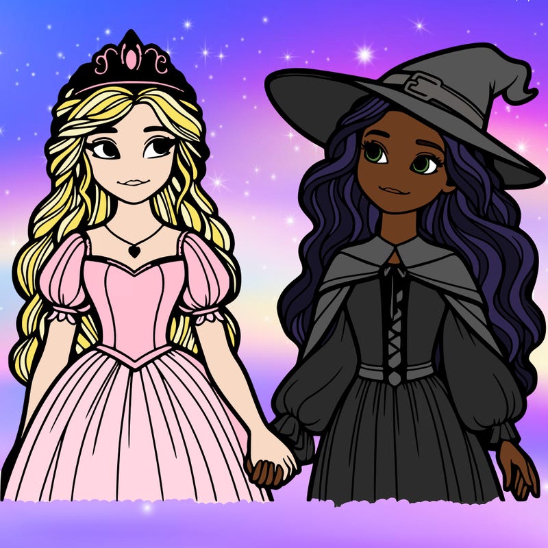 a princess and a witch holding hands realistic