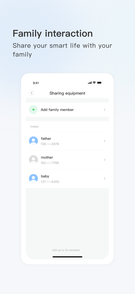FFVideoCam - Interfaz de la aplicación FFVideoCam que muestra la pantalla de compartir en familia para agregar y administrar el acceso al equipo para los miembros de la familia