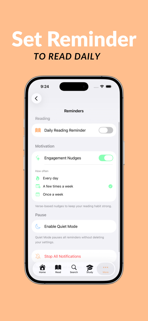 Bible App For Everyone - A mobile interface for the Bible App For Everyone showing the reminders settings page with options for daily reading and notification frequency.