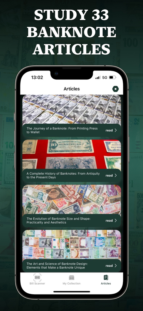 Dollar Bill Scanner - Smartphone screen showing a list of educational articles about banknote history and design within the Dollar Bill Scanner app.