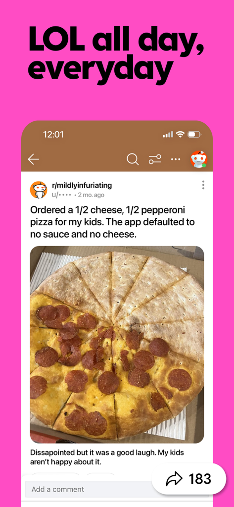 A screenshot of a humorous post from the r/mildlyinfuriating community on the Reddit app featuring a pizza delivery fail.