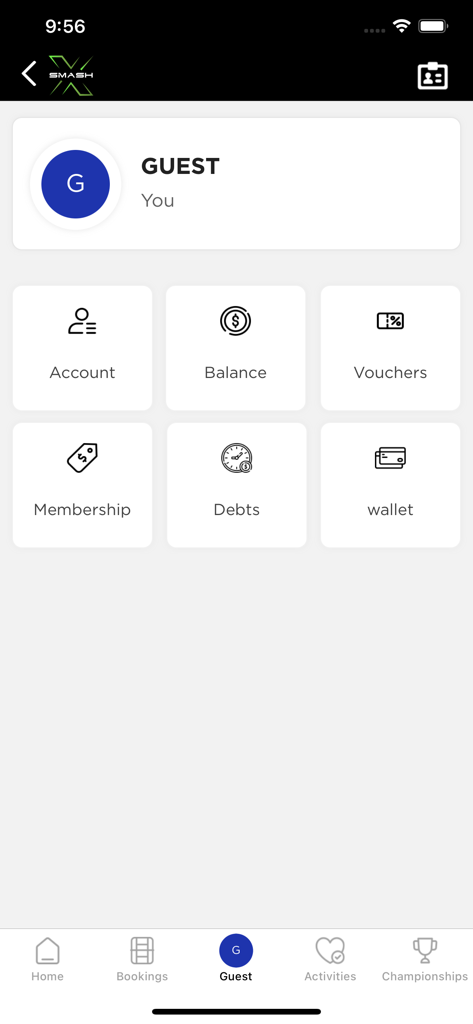 Smash X - Smash X guest profile page showing menu options for account balance vouchers and membership