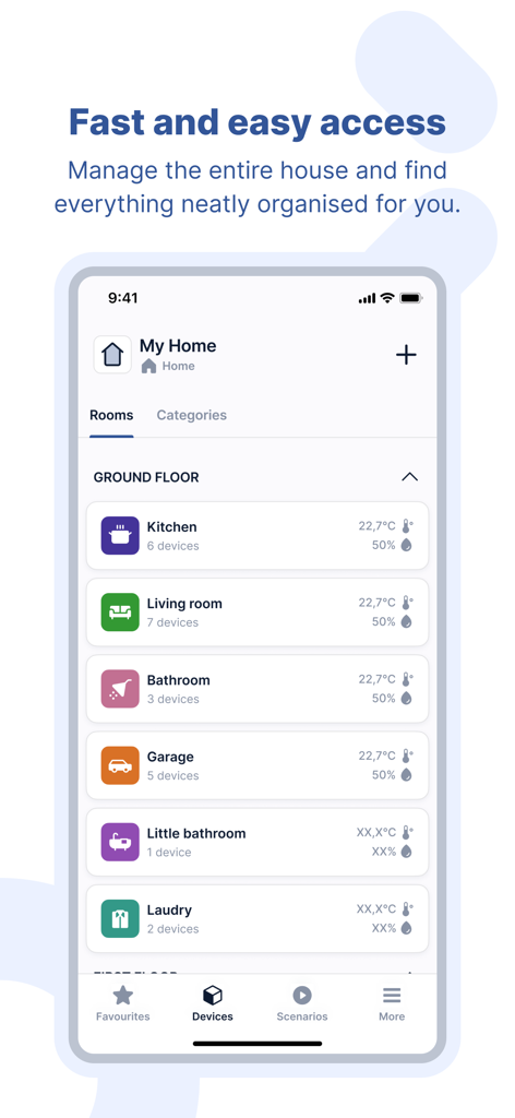 Yubii Home - Screenshot of Yubii Home app displaying the rooms management interface with device statuses.