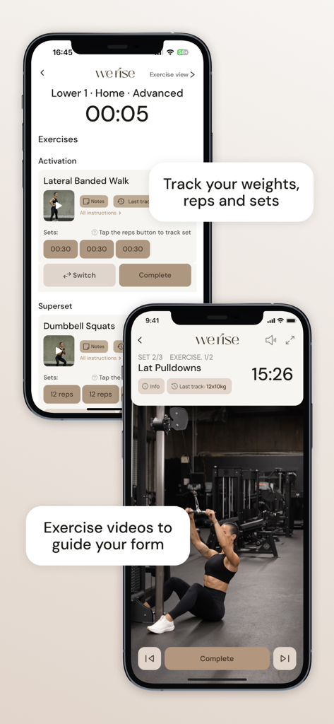 Dos pantallas de iPhone que muestran la interfaz de seguimiento de entrenamiento de la aplicación WeRise y una demostración en video de la forma del ejercicio