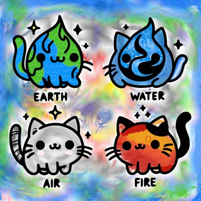 4 cats that represent the different elements, earth, water, air, and fire
