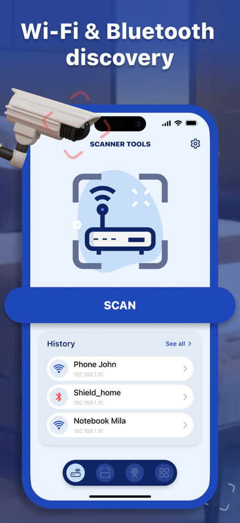 RF Bug Detector: Secret Detect - Smartphone app screen showing Wi-Fi and Bluetooth device discovery and scan history.
