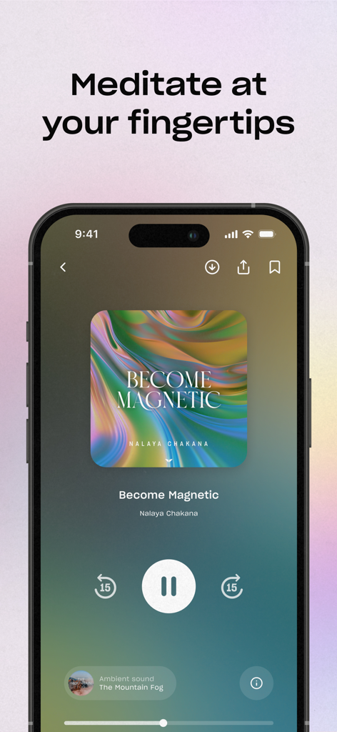 Mindvalley app meditation player screen featuring the Become Magnetic session