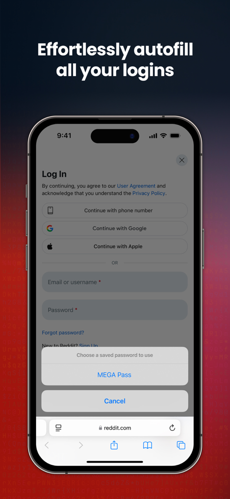 MEGA Pass autofill login prompt on a smartphone screen