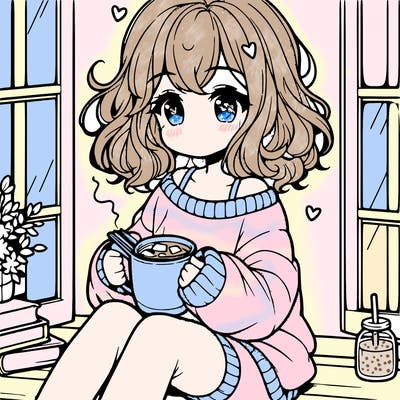cute anime girl reading book and drinking hot chocolate from mug with loose wavy hair wearing a baggy sweatshirt and shorts sitting by windowsill looking out