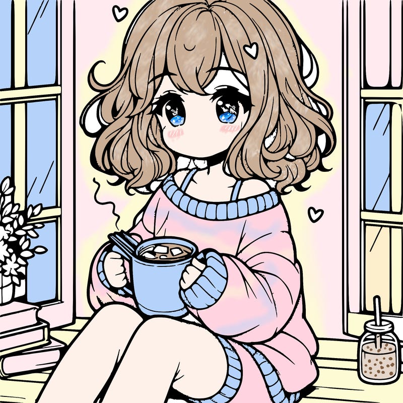cute anime girl reading book and drinking hot chocolate from mug with loose wavy hair wearing a baggy sweatshirt and shorts sitting by windowsill looking out