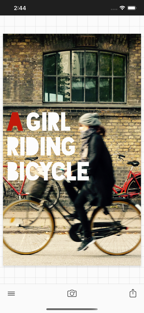 Bold text overlay on a photo of a woman riding a bicycle