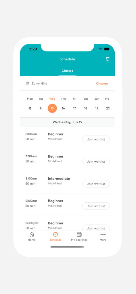 A mobile app screen showing a daily schedule for KX Pilates classes including beginner and intermediate sessions with options to join a waitlist.
