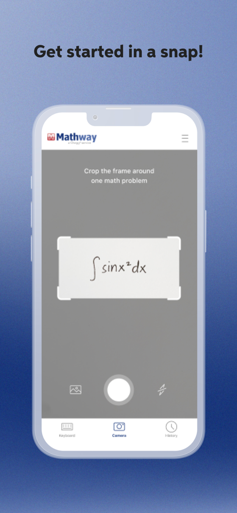 スマートフォンにMathwayアプリのカメラインターフェースが表示され、微積分問題をスナップして解決する様子