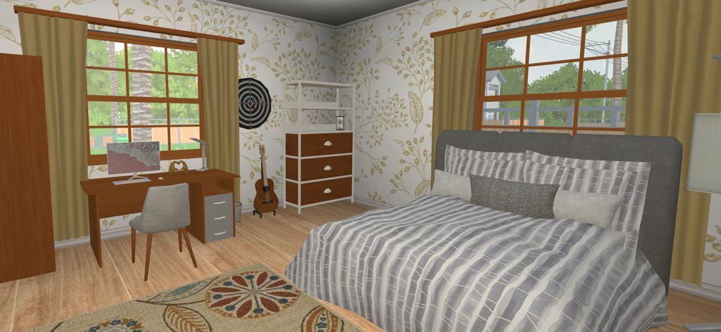 Modern bedroom interior design featuring a bed and desk in House Craft Fix Flip