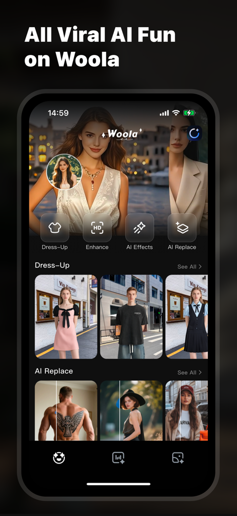 Woola-AI photo intelligent - Woola-AI app interface showing viral AI photo editing features like dress up and AI replace