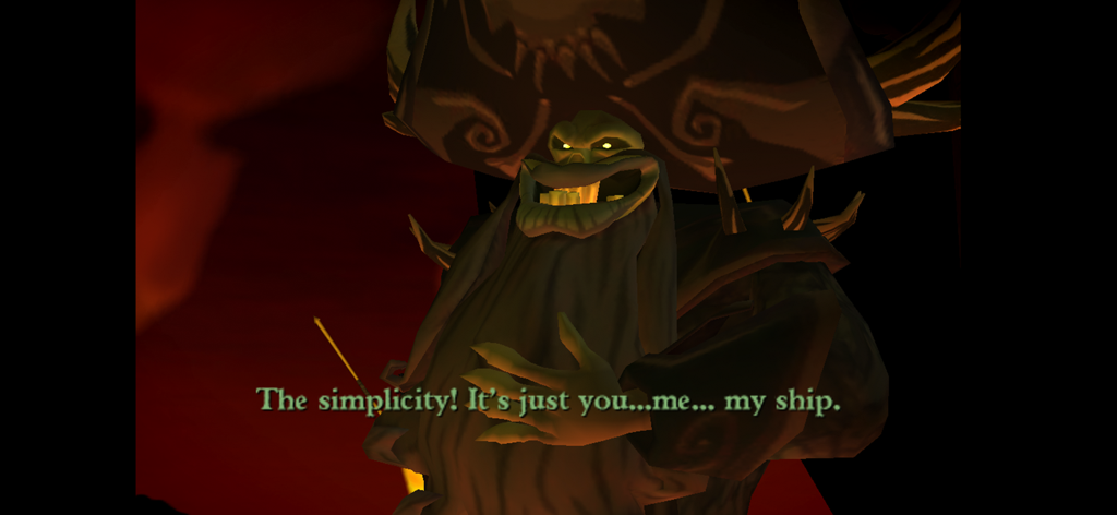 El espectral pirata LeChuck hablando con texto de diálogo en Tales of Monkey Island Episodio 5