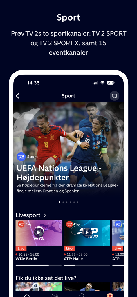 TV 2 PLAY Denmark - TV 2 PLAY Denmark mobile app interface displaying sports channels and live event highlights