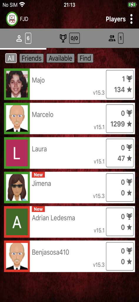 Truco FJD - Uma tela do aplicativo Truco FJD mostrando uma lista de jogadores online com seus nomes, avatares e estatísticas de jogo