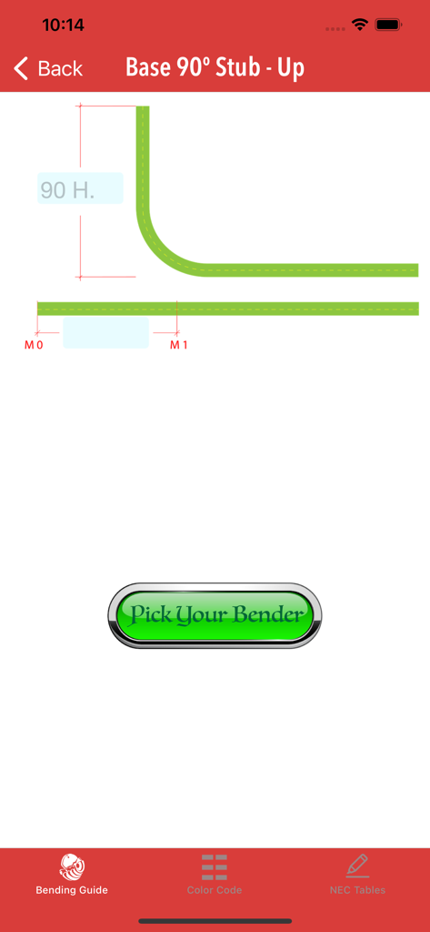 Base Electrician Tools - Interface of the Base Electrician Tools app showing a calculation screen for a 90 degree conduit stub-up bend