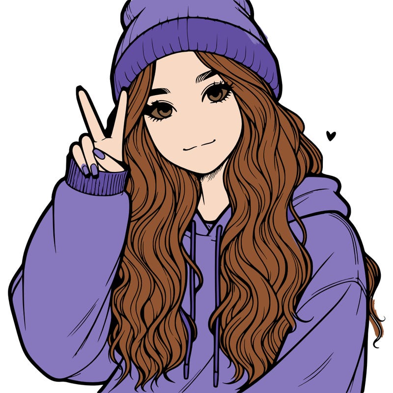 a teenage girl in a beanie, oversized sweatshirt, wavy long hair, and is showing a ✌️