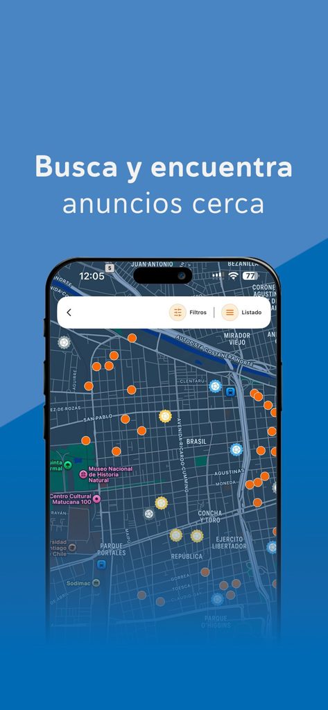 Yapo.cl - Interfaz de mapa de la app Yapo.cl mostrando anuncios clasificados cercanos