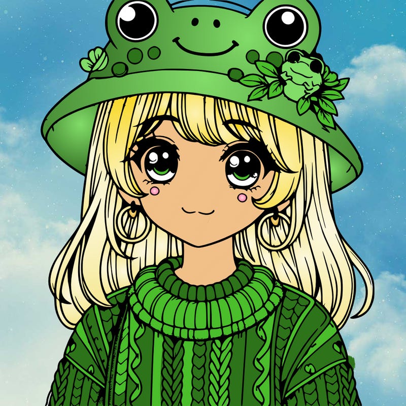 realistic girl wearing frog sweater and a frog hat with frog earrings