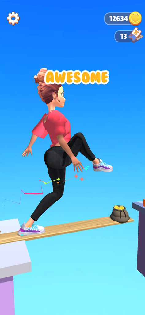 ASMR Tippy Toe - A female character in stylish clothes walking on a wooden plank in the ASMR Tippy Toe mobile game.