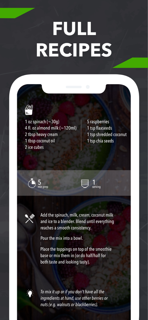 Keto recipe interface showing ingredients and instructions for a low carb smoothie bowl