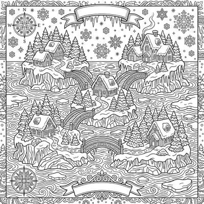 Dive into a magical winter scene with this highly detailed adult coloring page. Explore a picturesque village nestled among snow-dusted islands, connected by charming bridges, all ready for your creative touch.