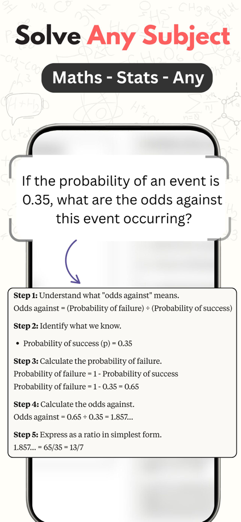 Photo Solve: Homework Helper - A mobile app interface displaying a detailed step by step solution for a statistics probability problem