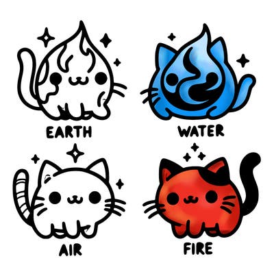 4 cats that represent the different elements, earth, water, air, and fire