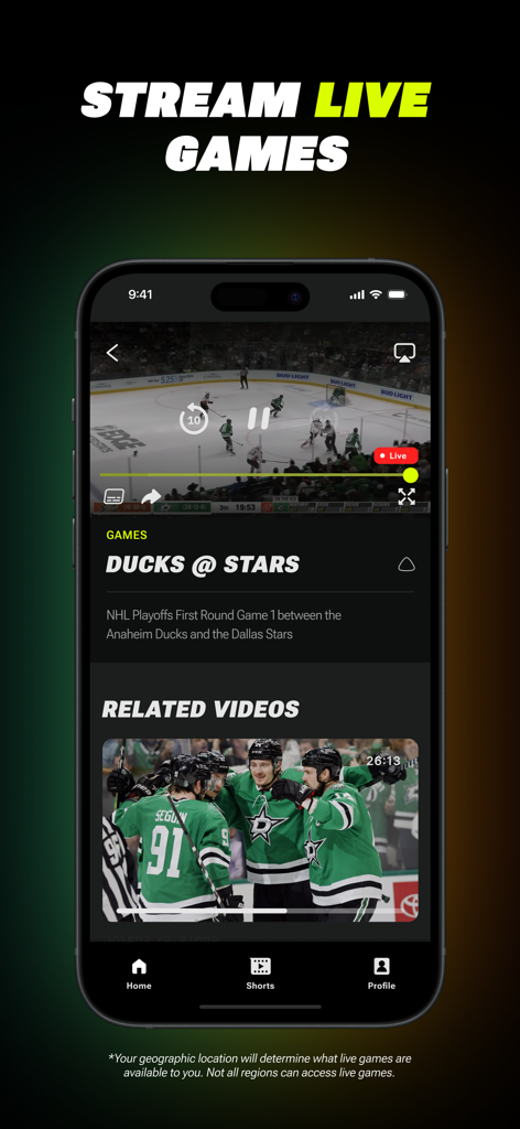 Victory Plus app interface displaying a live NHL game stream between the Ducks and the Stars on a smartphone