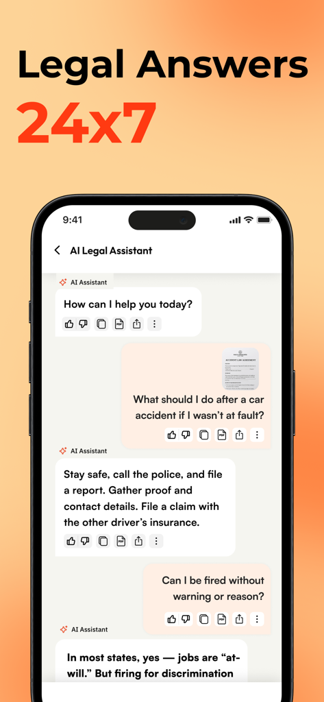 AI Legal Documents Generator - Interfaz de chat del Asistente Legal con IA proporcionando respuestas 24x7 a preguntas legales en una pantalla de smartphone.