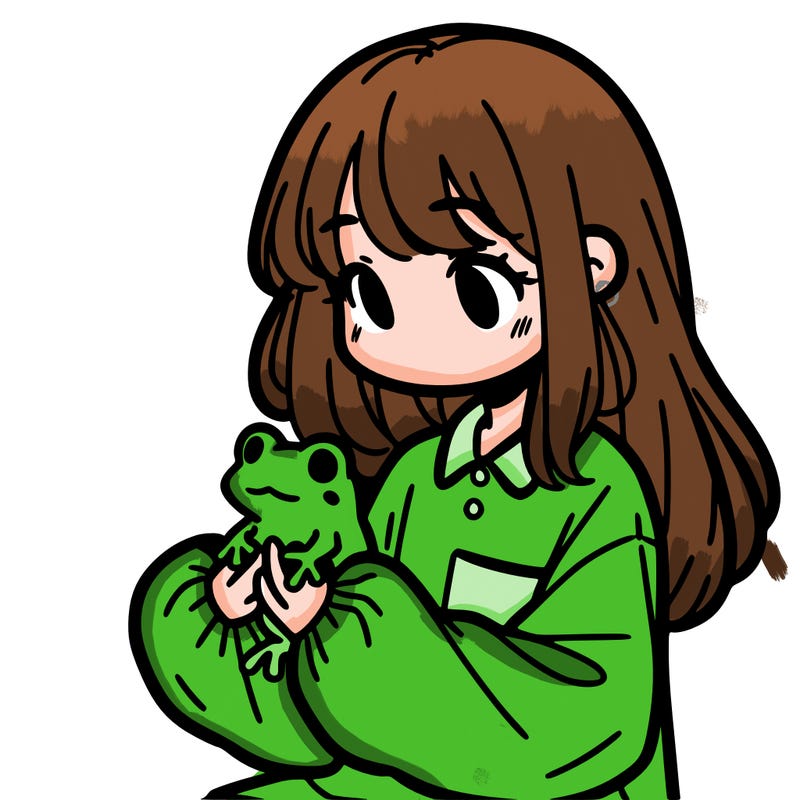 girl with long hair and a oversized shirt. and she is holding a frog