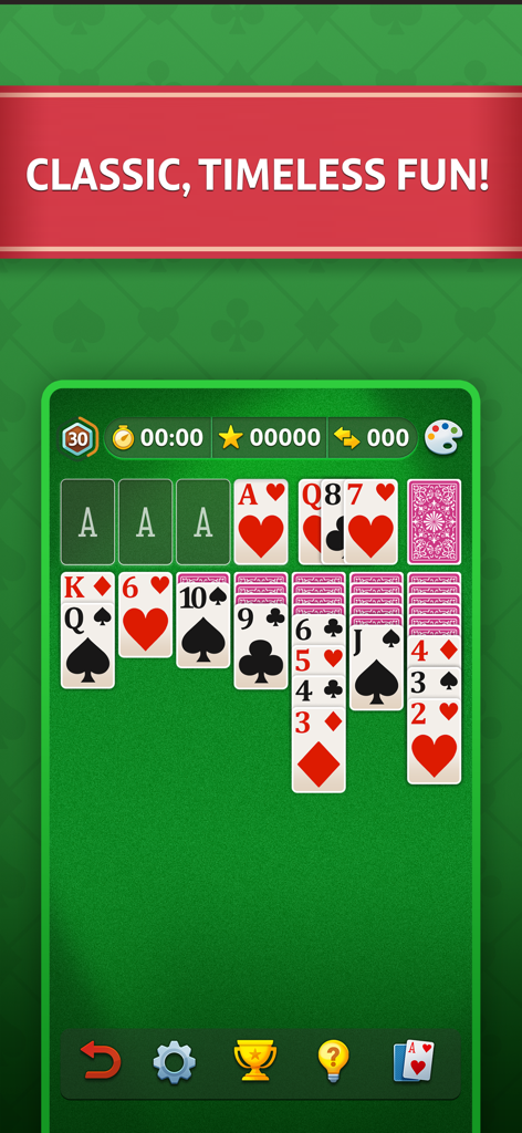 Solitaire - Classic Card Game⁎ - 클래식 클론다이크 솔리테어 게임 플레이를 보여주는 모바일 앱 스크린샷, 녹색 펠트 배경에 Classic Timeless Fun 텍스트 포함