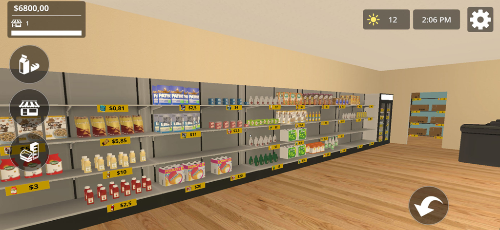 City Shop Simulator - City Shop Simulatorの製品と価格タグが付いた整理された食料品店の棚
