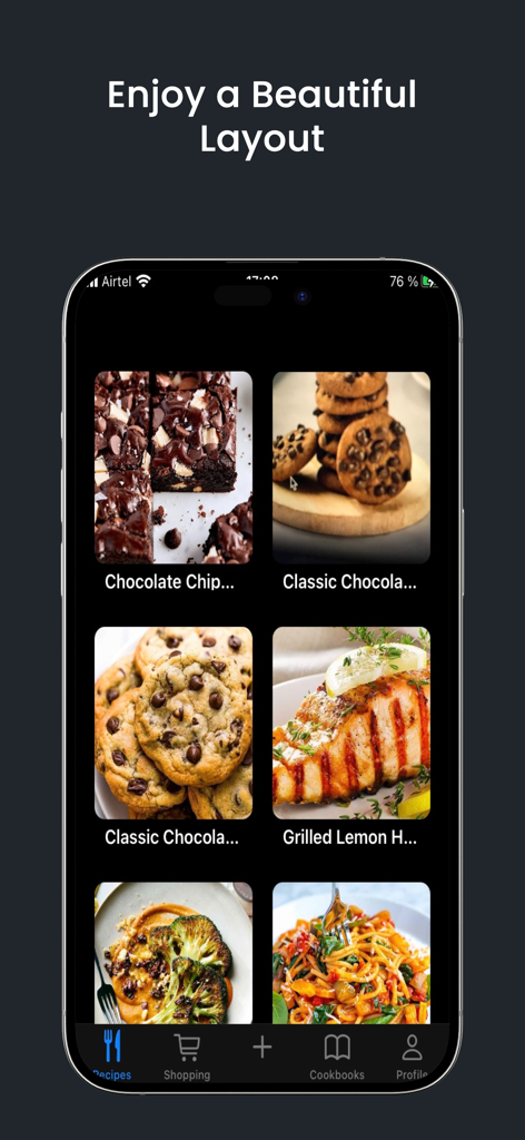 Recipe Book : Plan & Organize - Diseño de cuadrícula de recetas limpio y hermoso en la aplicación Recipe Book que muestra varios platos como galletas y salmón a la parrilla